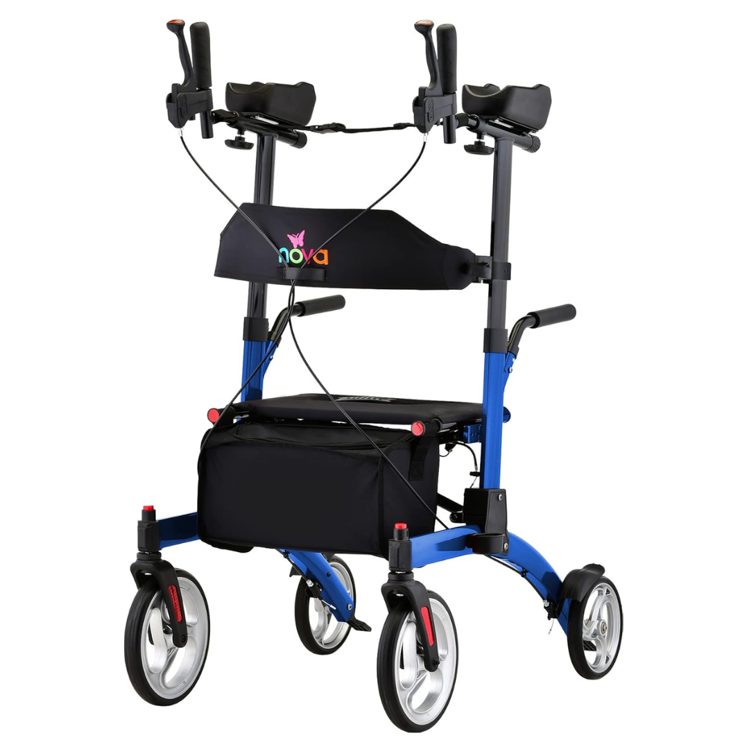 Meet the Nova Dragon Fold n’ Go Rise UP Rollator, an upright blue mobility aid with a black seat, storage bag, and four wheels. It features adjustable handles with brakes and ergonomic grips for excellent stability and support.